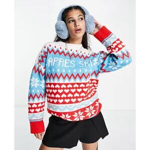 ASOS Design Aspres Ski Holiday Christmas Winter Sweater Size 12 Snowflakes Heart